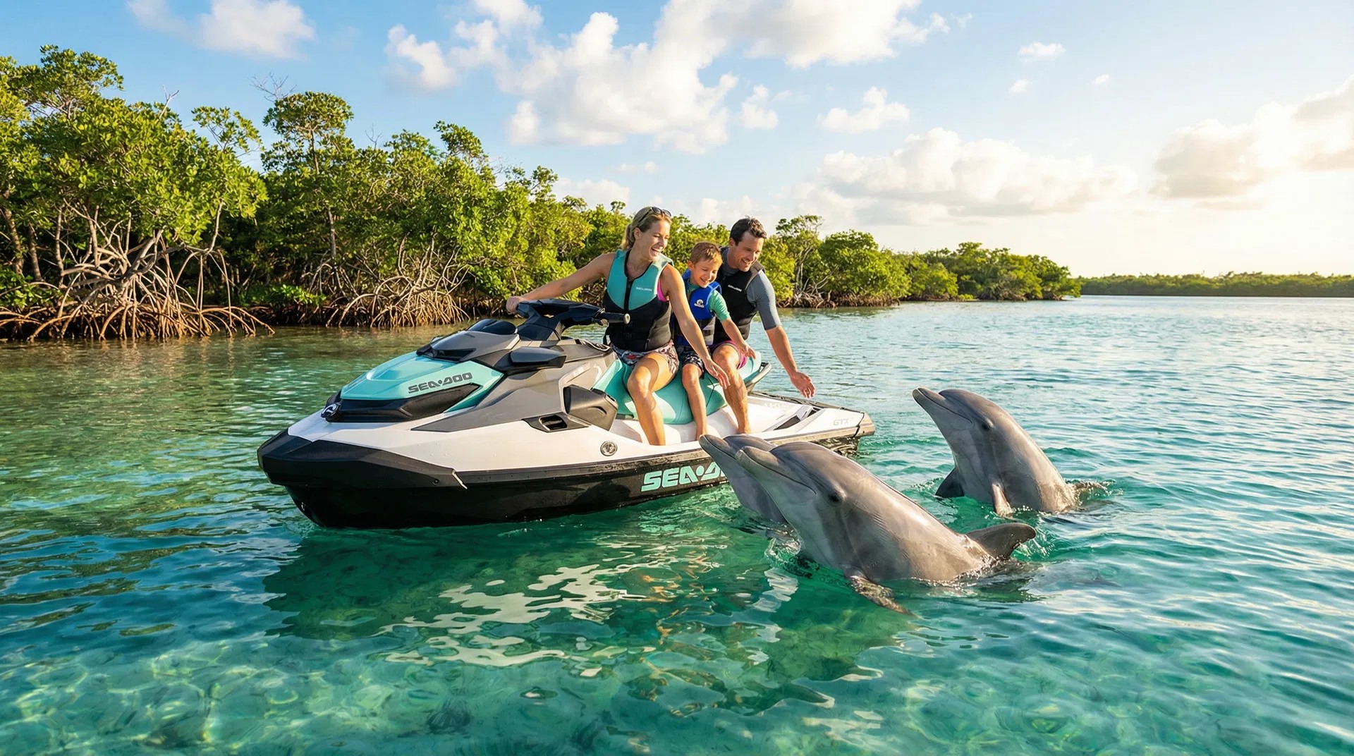 Dolphin-tour imagery from Salty’s Water Sports. Wildlife sightings and behavior vary.